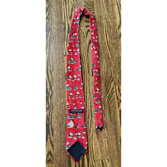 SpecialTies Hallmark Men's Red Santa Golfing Penguins Tie Holiday 100% Silk EUC - Picture 5 of 8